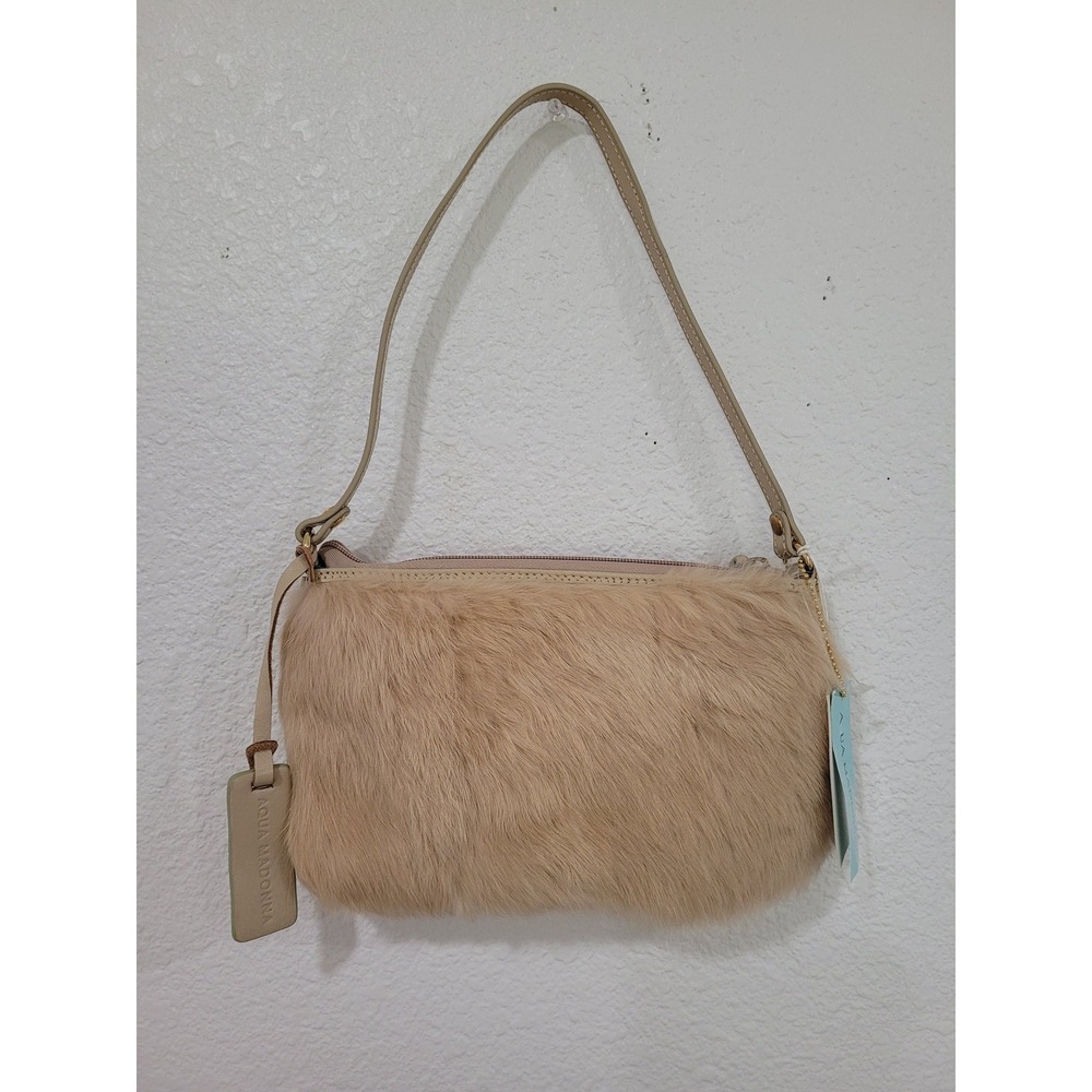 Aqua Madonna Tan Rabbit Fur Shoulder Bag Leather Strap Gold Hardware Handbag‎ #5
